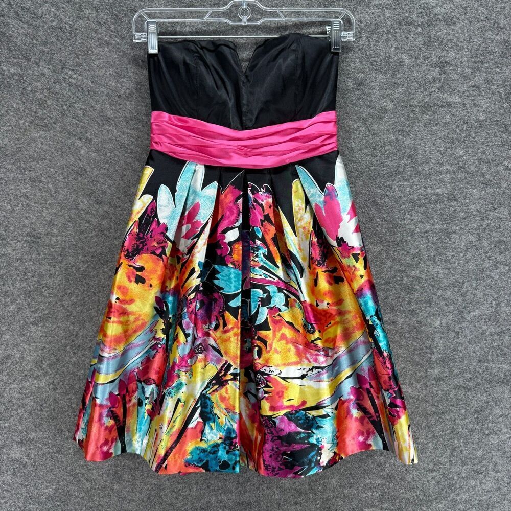 City Triangler Dress Women 3 Black Floral Sheath Short Strapless Zipper Belted
